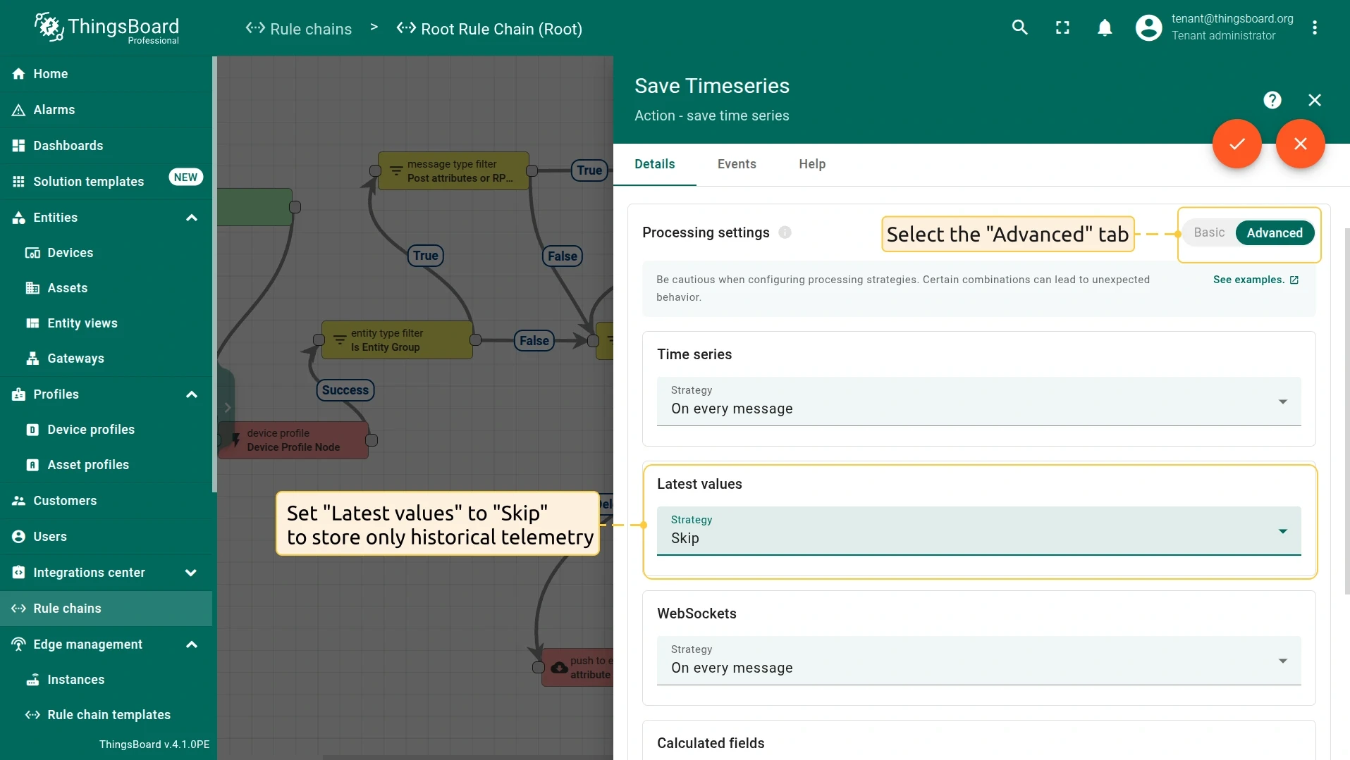 Save timeseries node configured to store only historical telemetry — PE