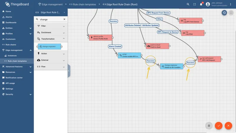 Connect script node to Change originator and then to RPC Call Request