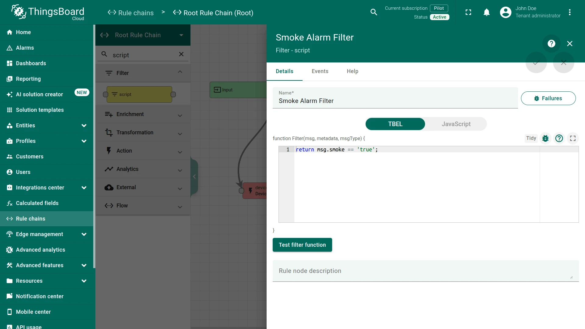 Smoke alarm filter script configuration