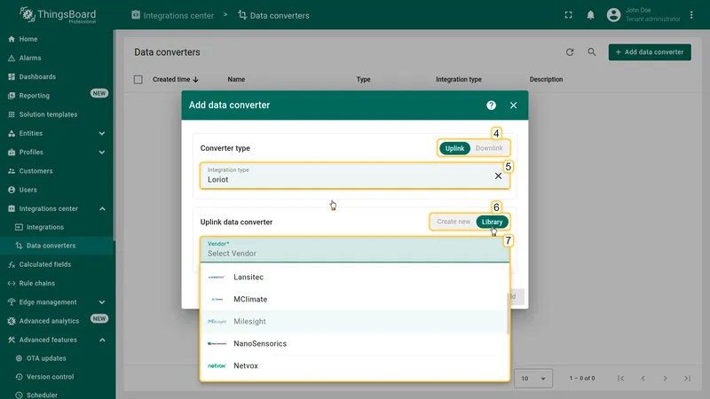 Add data converter dialog — Library tab active, Vendor dropdown listing Lansitec, MClimate, Milesight, NanoSensorics, Netvox