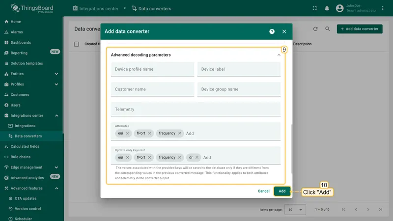 Advanced decoding parameters pre-populated with Attributes and Update only keys list