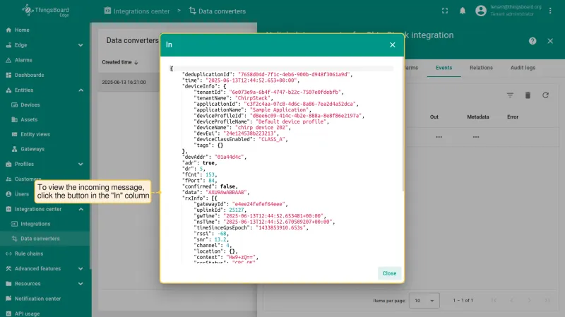 Converter In message — raw ChirpStack payload