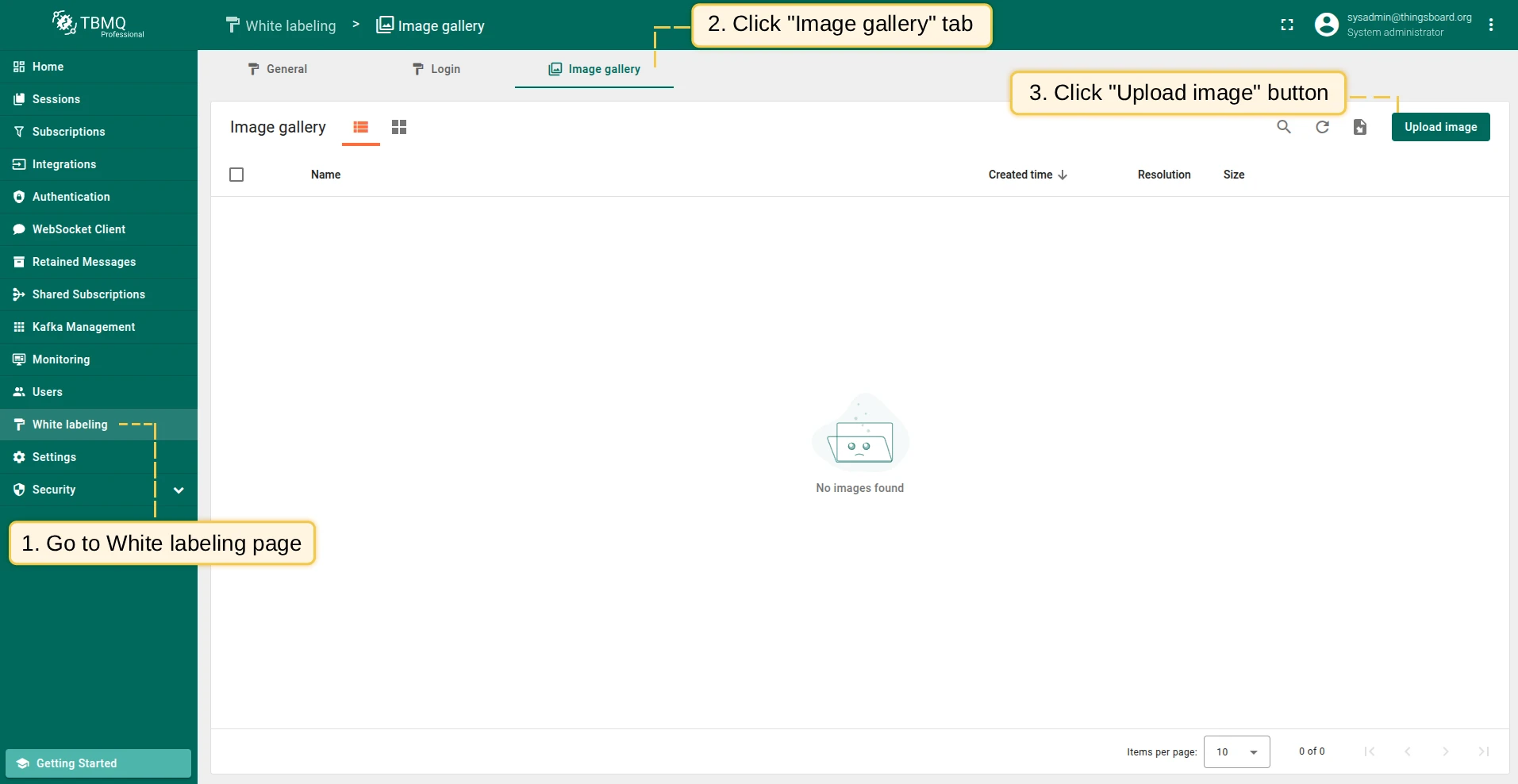 Open White labeling Image gallery tab and click Upload image