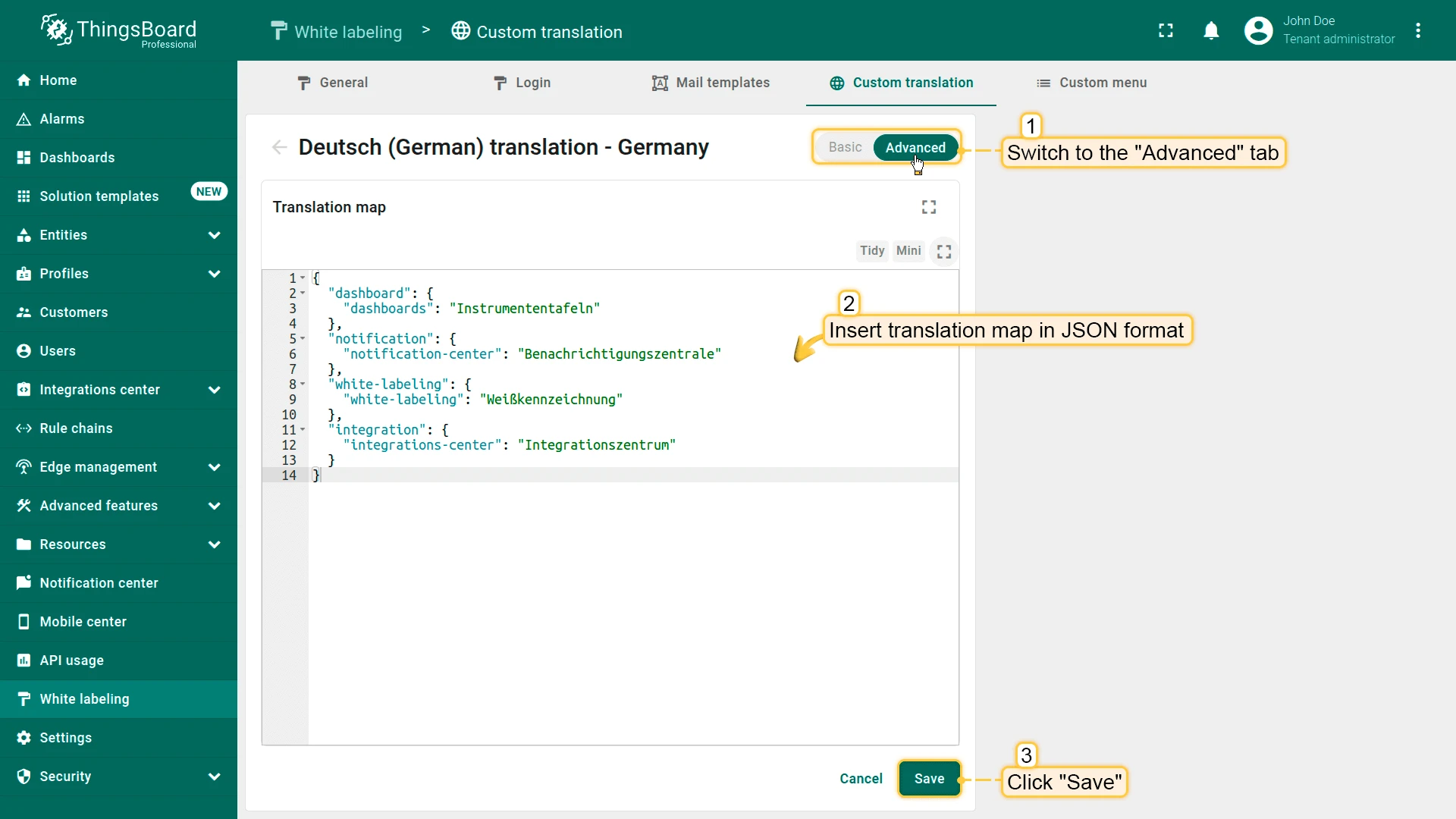 Upload JSON translation map in Advanced tab