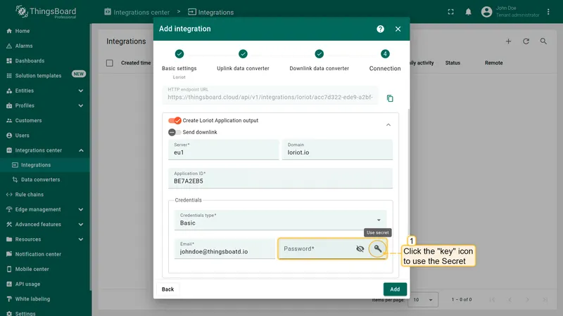 Click the key icon in a credential field