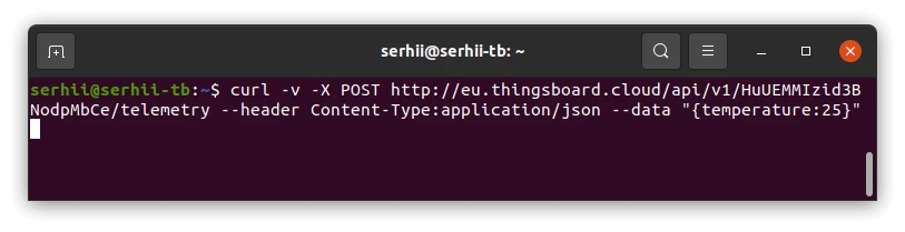 Terminal showing a curl POST command sending temperature 25 to the ThingsBoard telemetry API