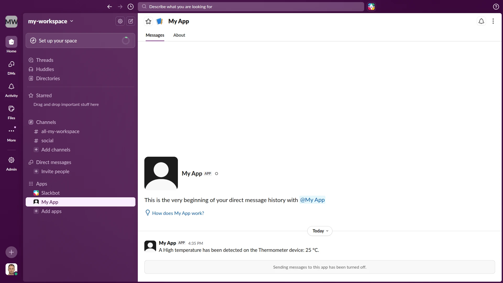 Slack direct message from the app bot showing "A High temperature has been detected on the Thermometer device: 25 °C."