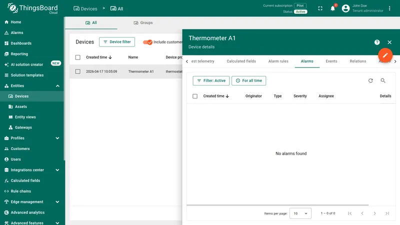 Thermometer A1 Alarms tab empty after alarm is cleared