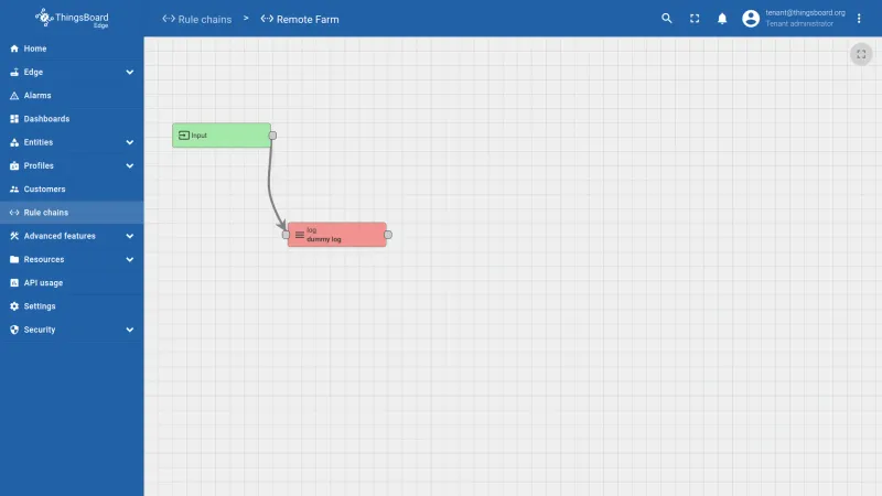 Rule chain editor showing the nodes and connections as configured