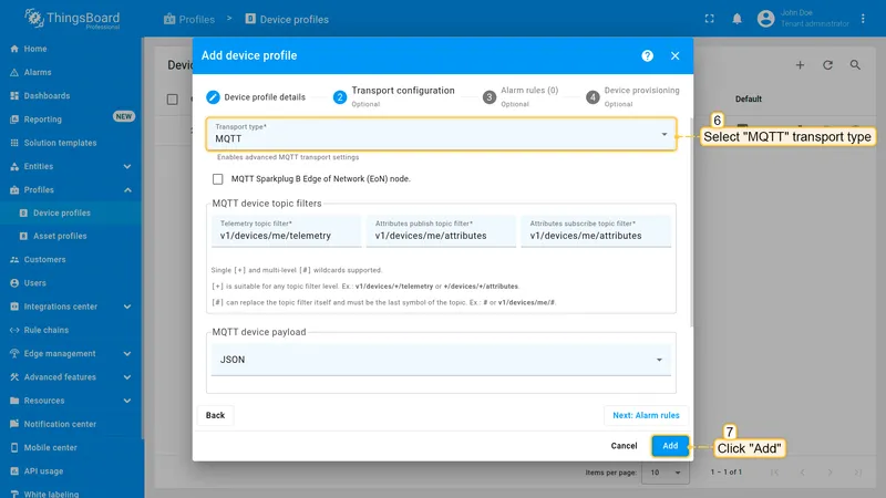 Select **MQTT** as transport type. Leave default **MQTT device topic filters**. Click **Add** to create device profile.
