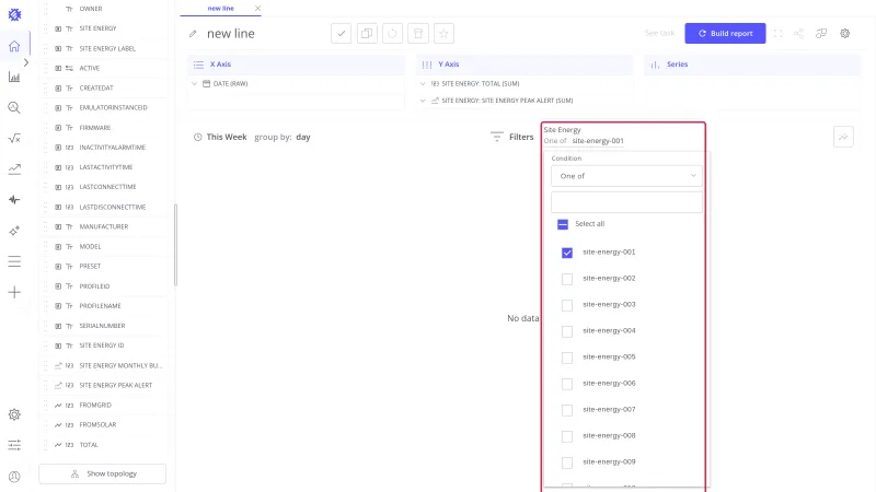 Site Energy filter open with site-energy-001 selected