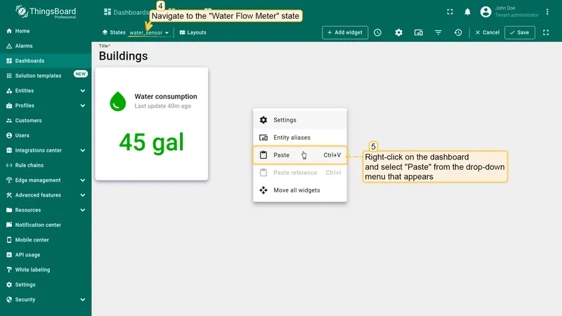 Open Water Flow Meter state and paste widget