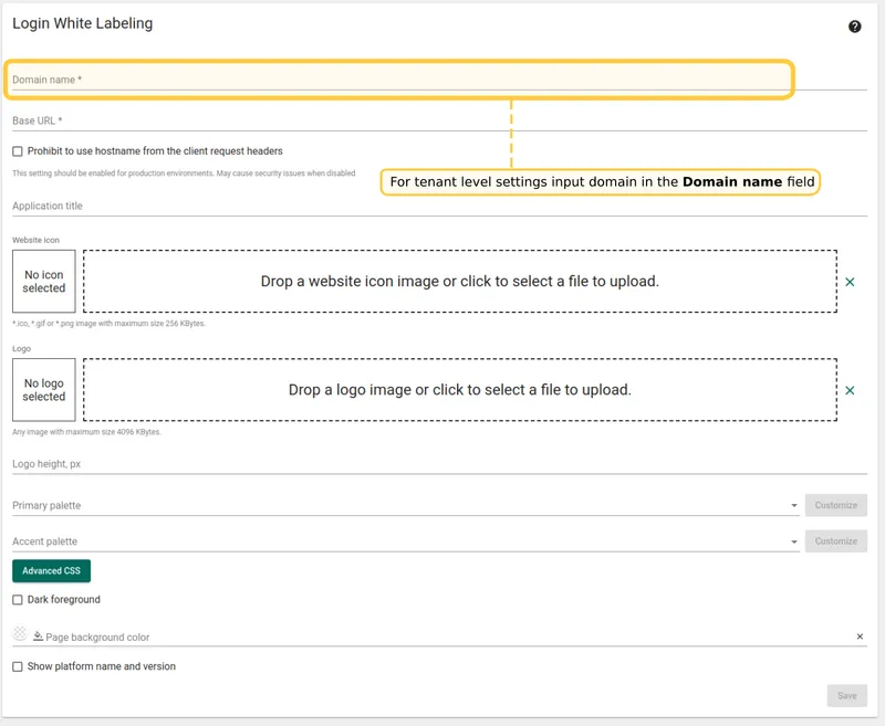 Domain name field in Login White Labeling form