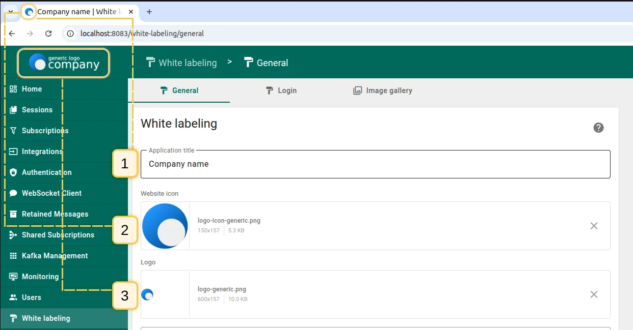 Application title, favicon, and logo settings