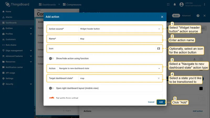 Configure widget header button action