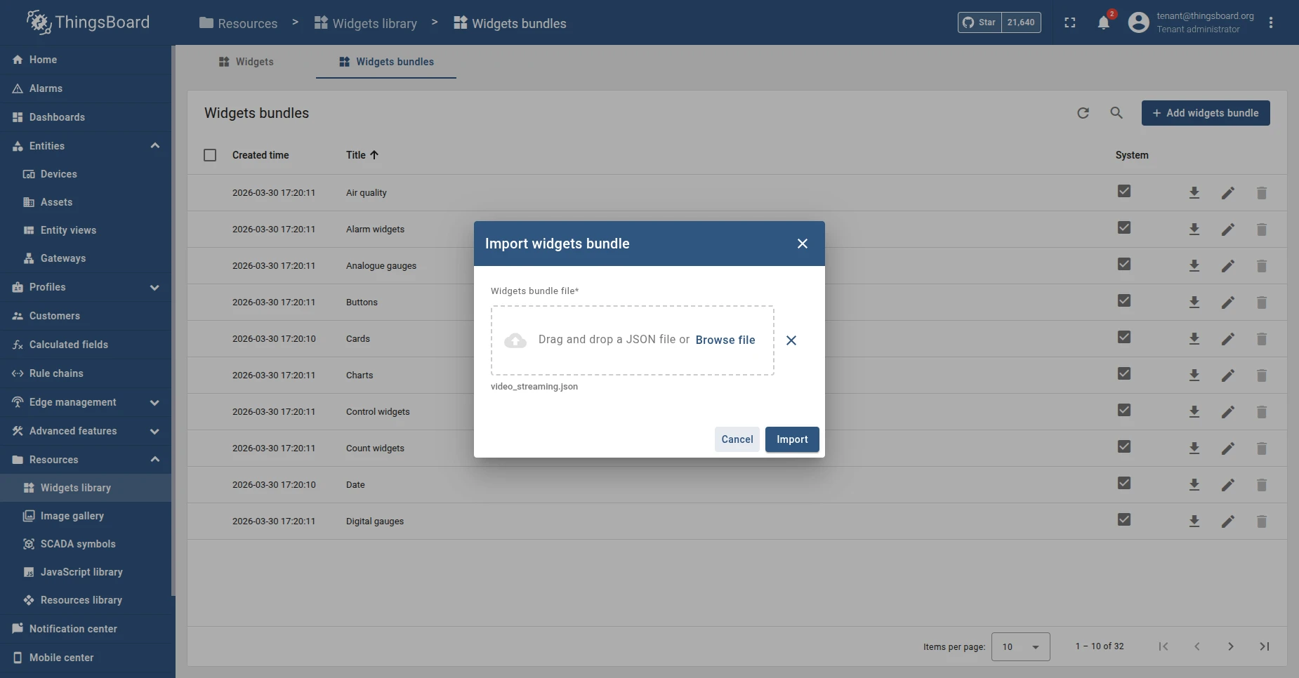 Widgets bundles page in the ThingsBoard Widgets Library with the Import widgets bundle dialog open. The dialog shows video_streaming.json selected as the source file and the green Import button at the bottom right.