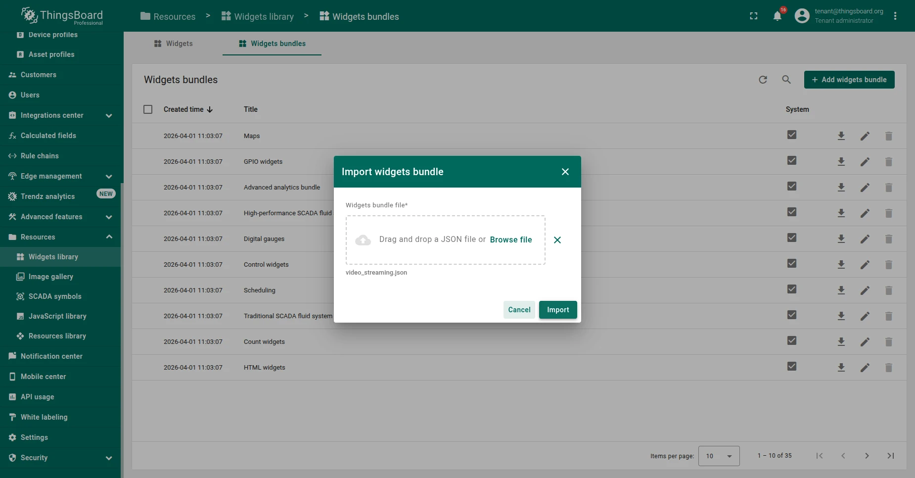 Widgets bundles page in the ThingsBoard Widgets Library with the Import widgets bundle dialog open. The dialog shows video_streaming.json selected as the source file and the green Import button at the bottom right.