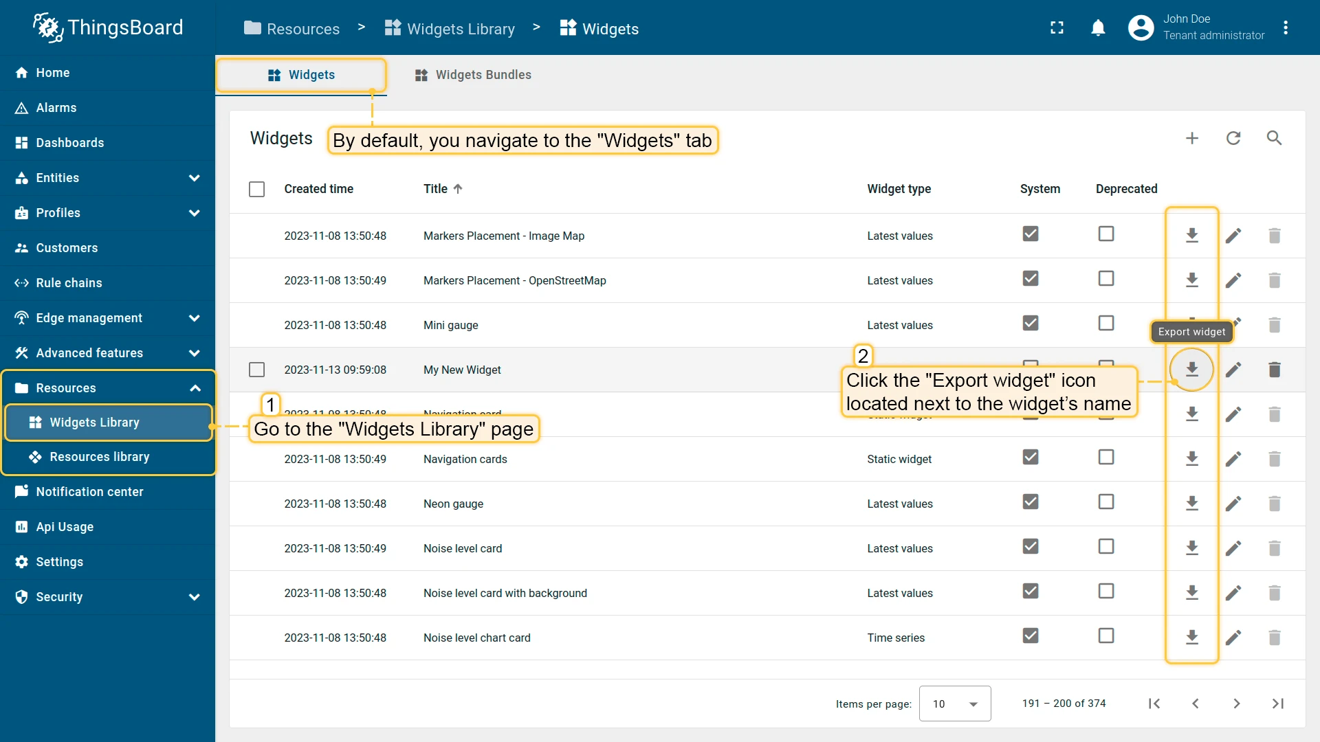 Export widget