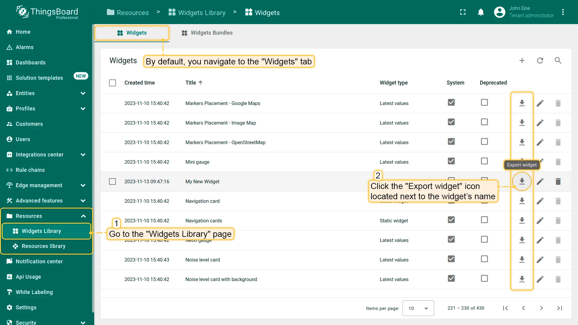 Export widget