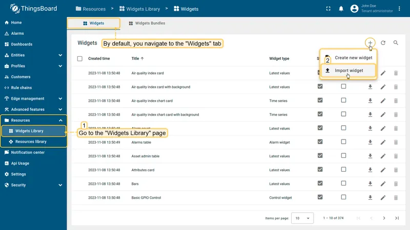Import widget button