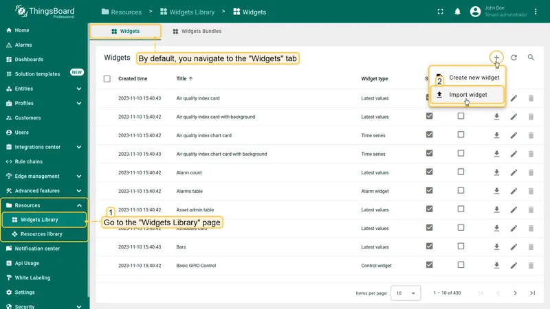 Import widget button