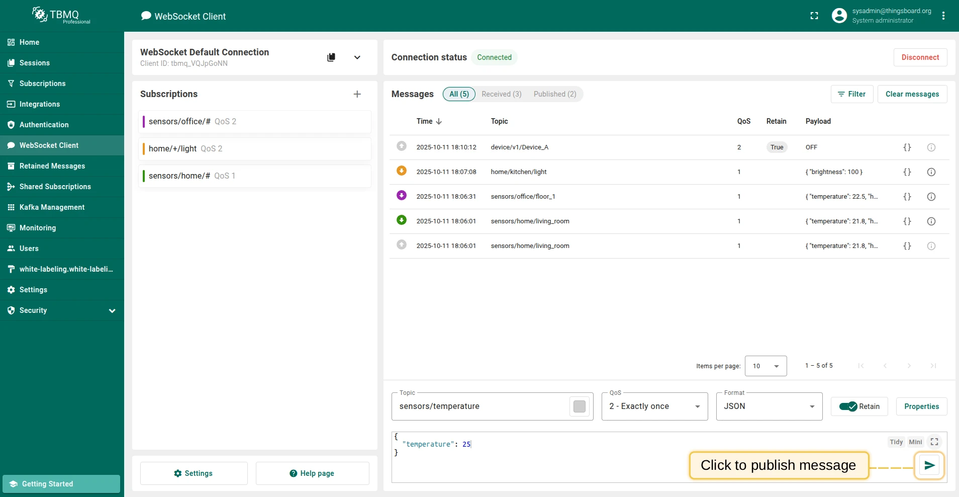 WebSocket Client publish message interface