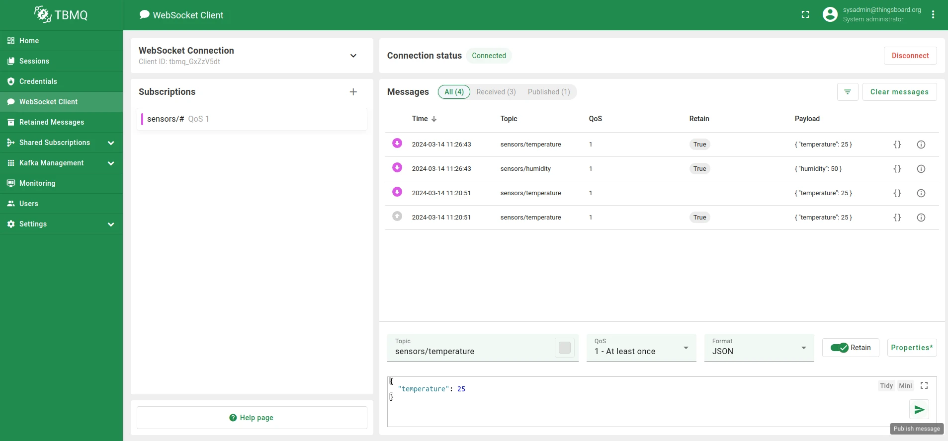WebSocket Client publish message interface