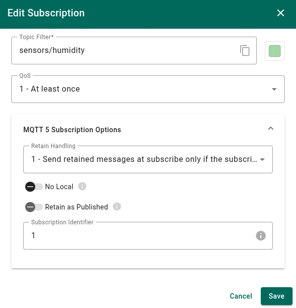 Subscription settings with MQTT 5 options