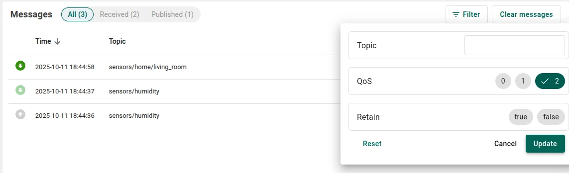 Messages table filter options