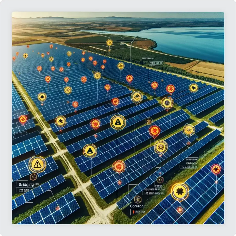 Field with solar panels and demonstration icons of IOT notifications on them