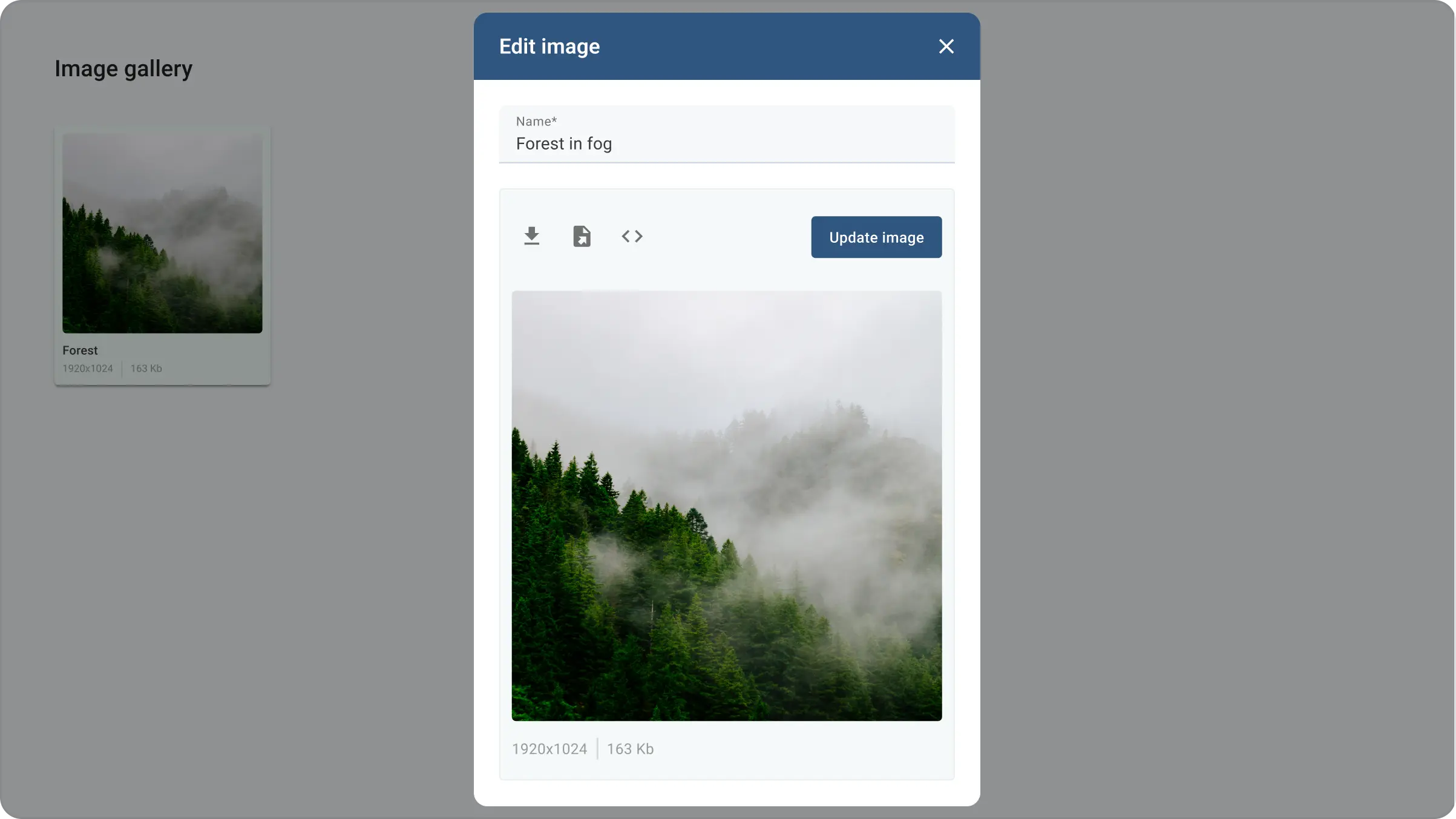 Thingsboard edit image form with option to change name and loaded photo