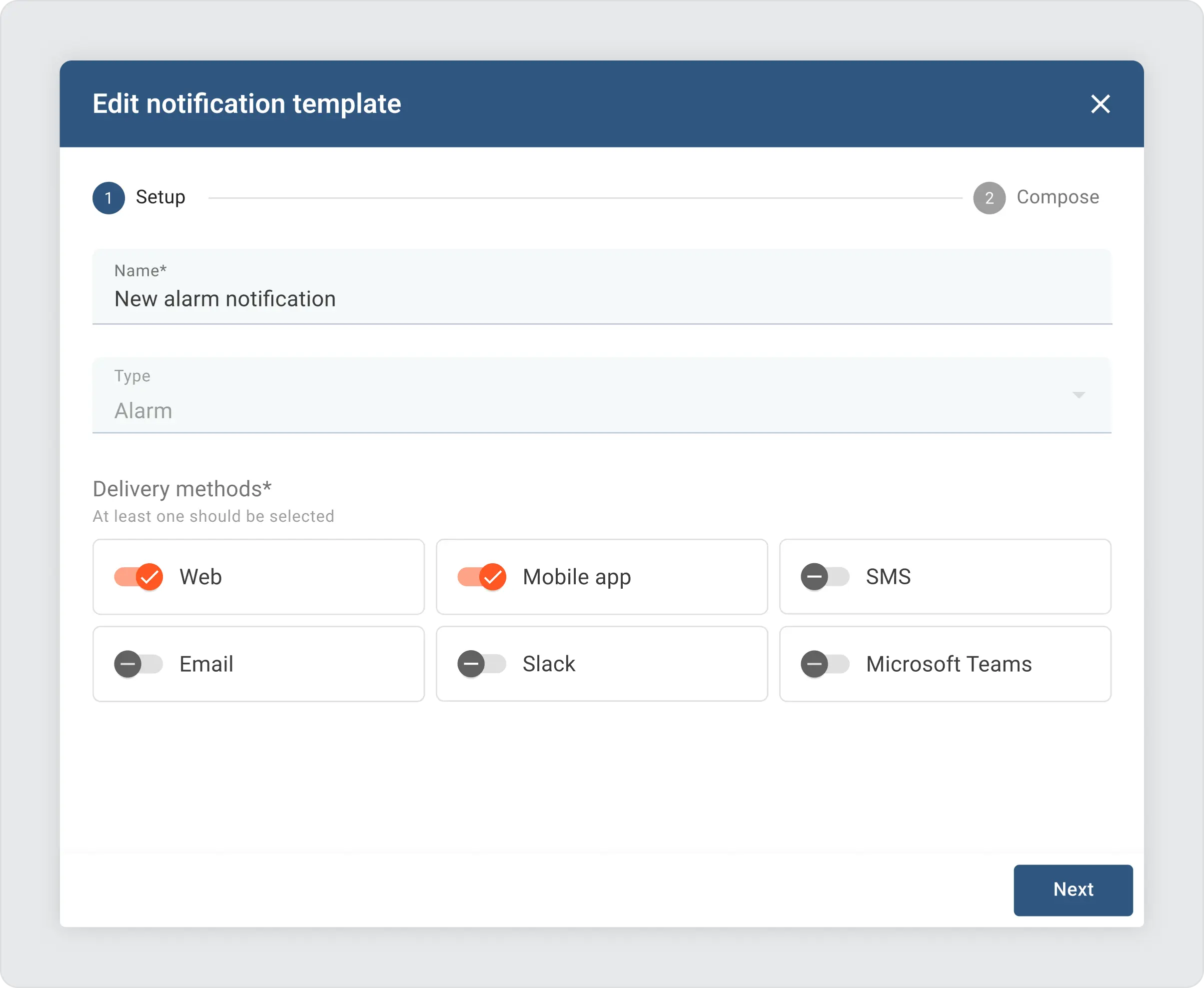 Thingsboard edit notification template settings form with eight fields