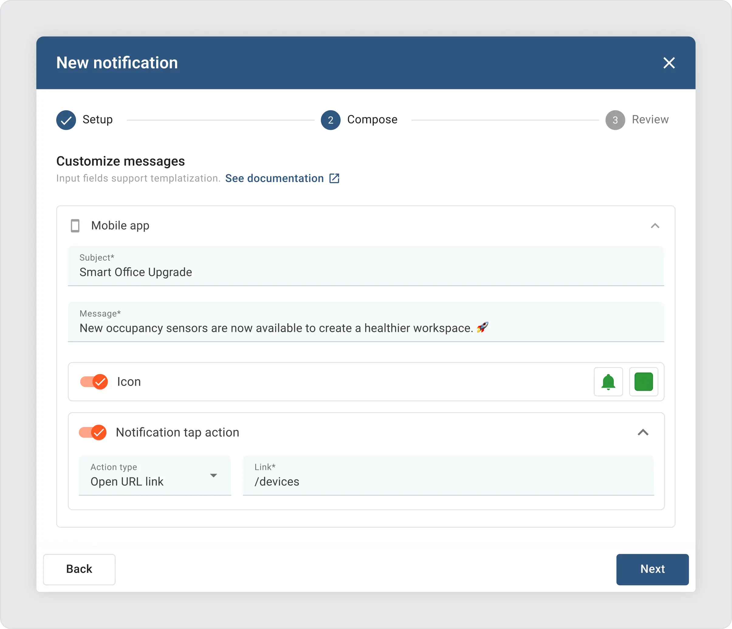 Thingsboard new notification settings form with four fields