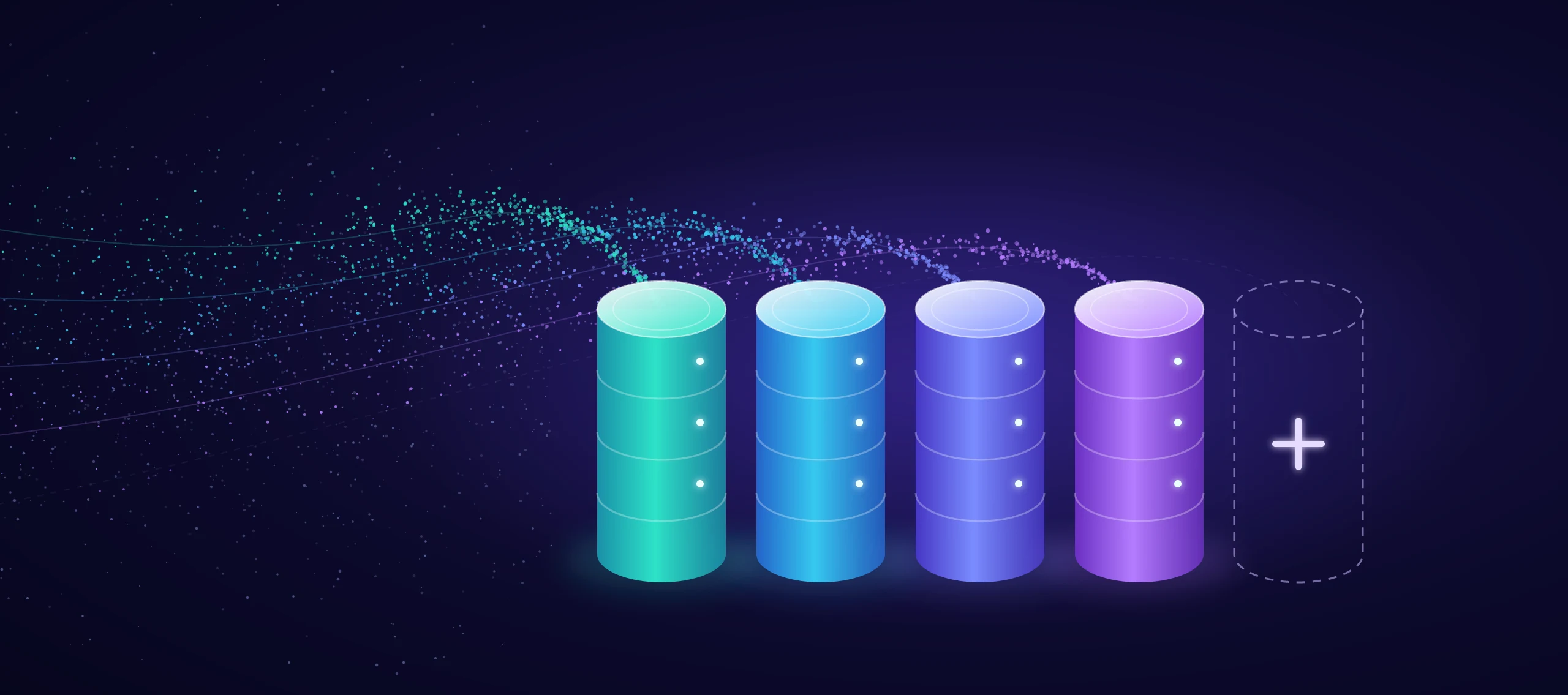 Streams of device data flowing into four database shards, with a fifth outlined as the next server to add
