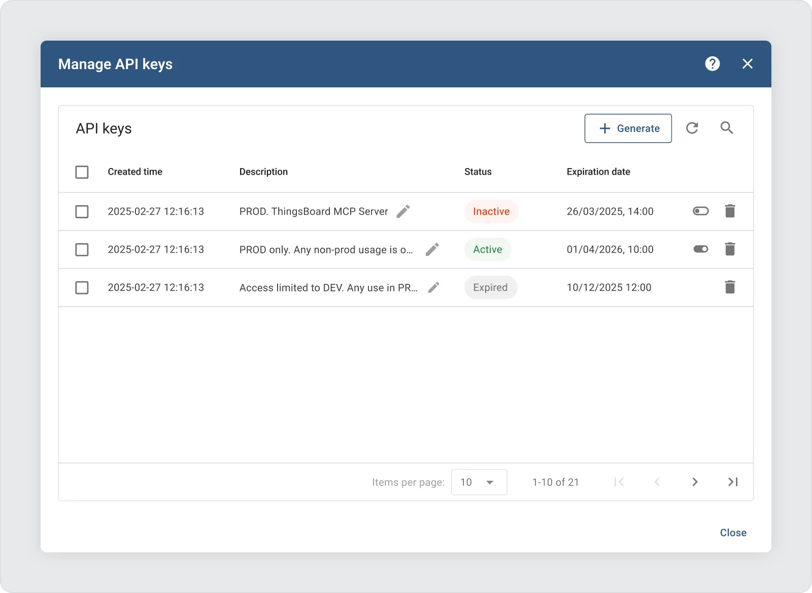 API keys management in ThingsBoard 4.3