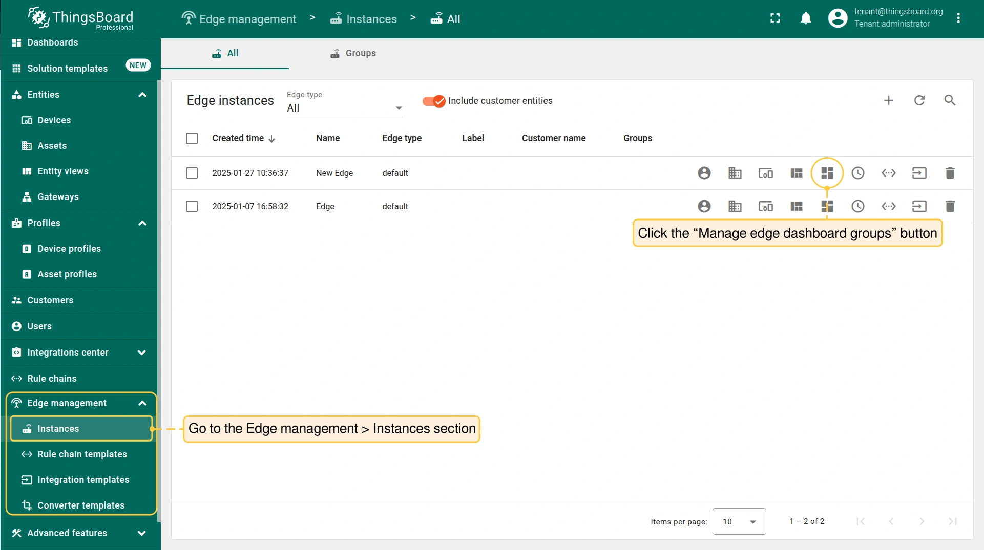 Navigate to the **Edge Management > Instances** section, then click the **“Manage edge dashboard groups”** button.