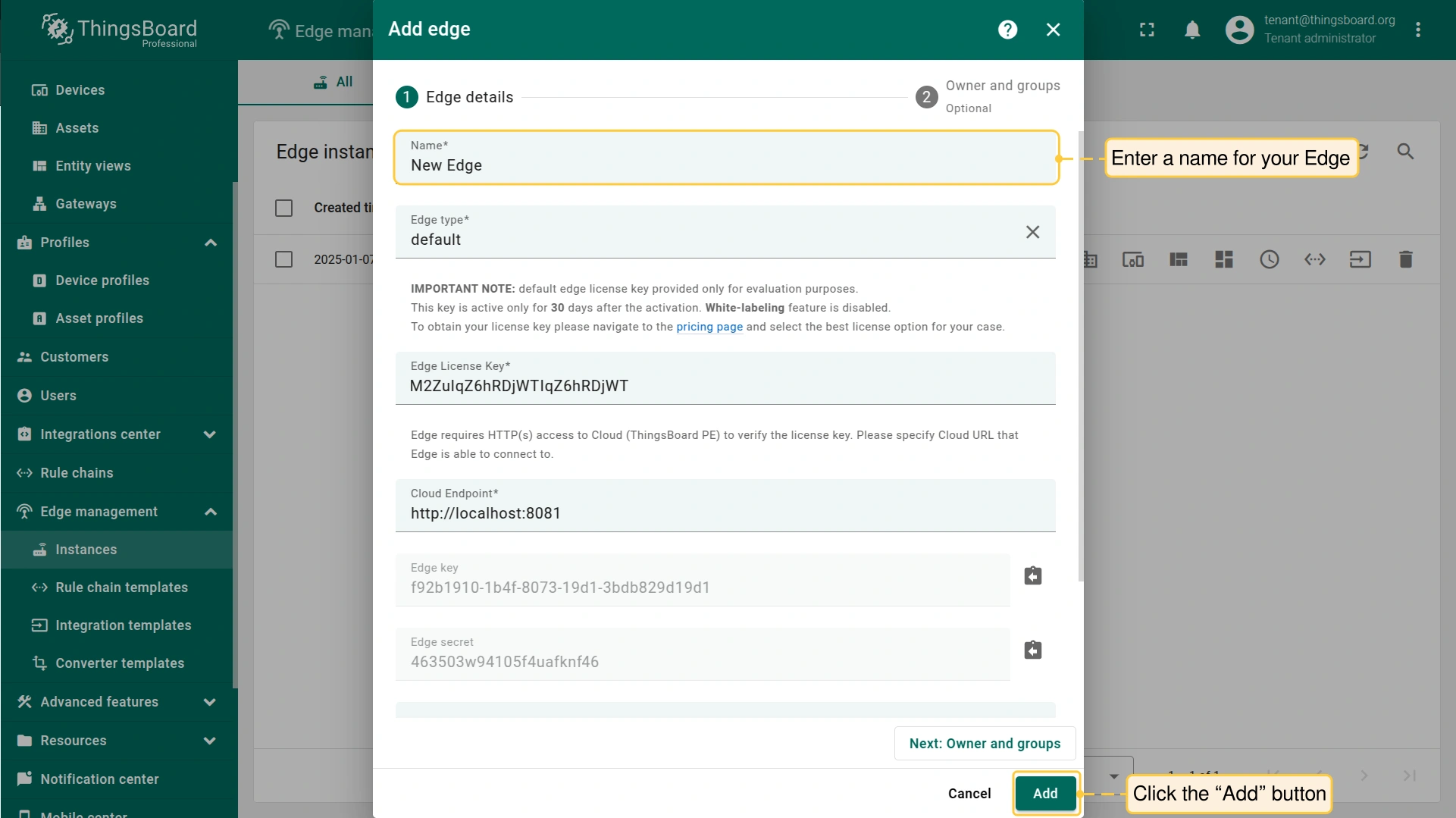 Enter a name for your Edge in the **“Name”** field and click the **“Add”** button to confirm the addition of your new Edge.