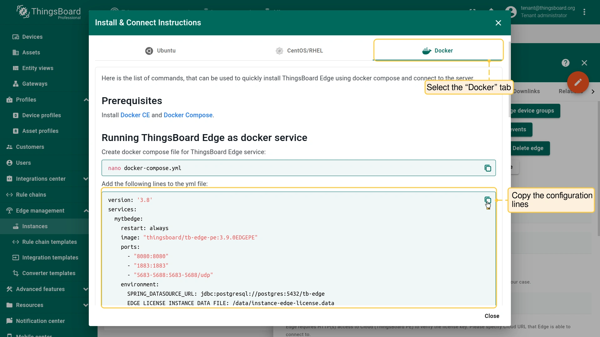 On the **"Install & Connect Instructions"** pop-up window, select the **"Docker"** tab and **copy the configuration lines**.