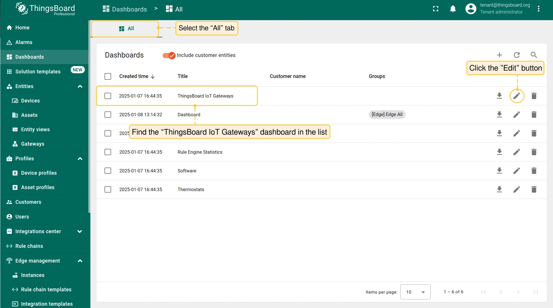 Then, select the **"All"** tab and find the **"ThingsBoard IoT Gateways"** dashboard. The **"ThingsBoard IoT Gateways"** dashboard is one of the pre-created, out-of-the-box dashboards available. Click the **"Dashboard details"** button.