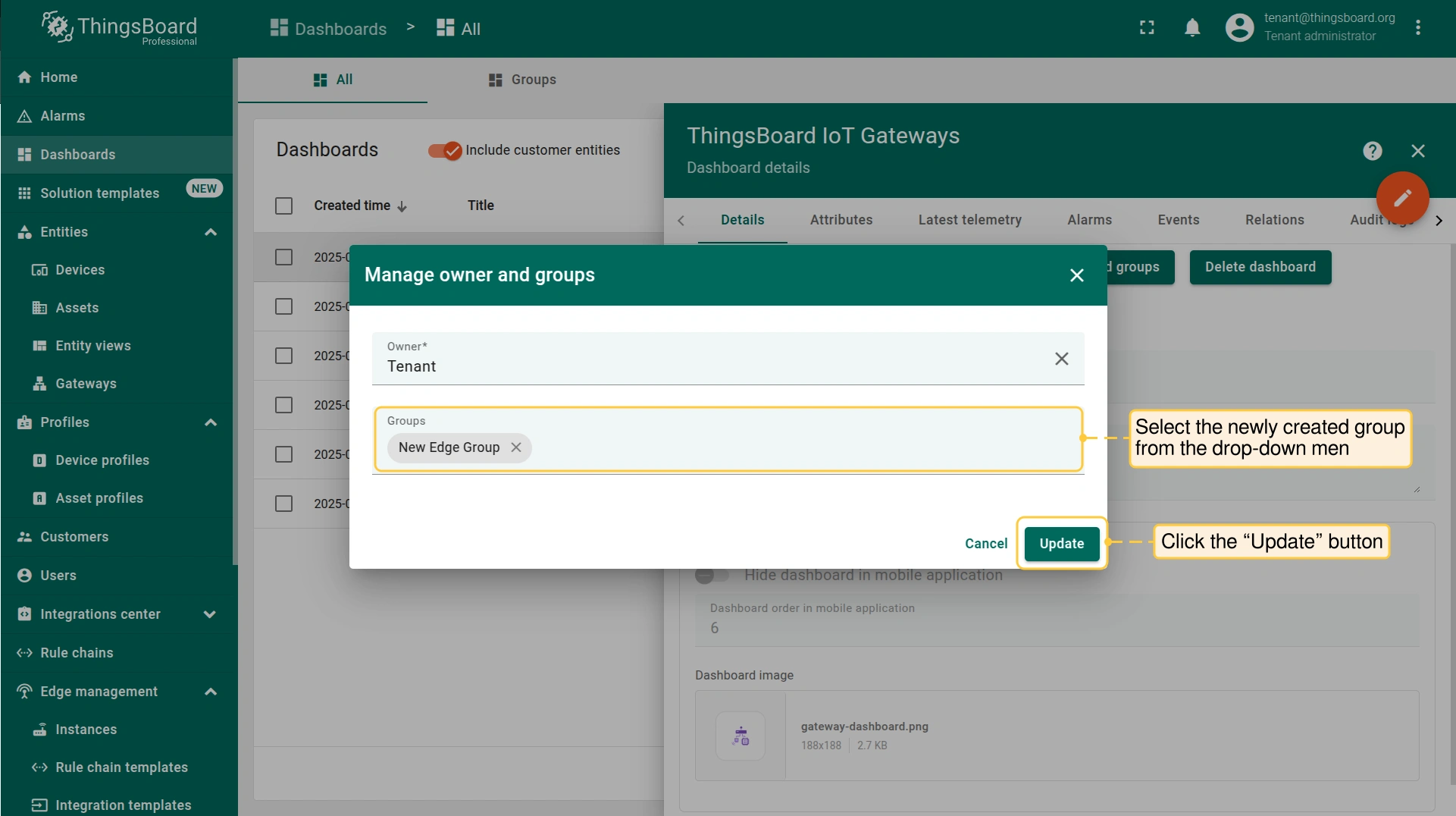In the **"Manage owner and groups"** pop-up window, select the newly created group from the **"Groups"** drop-down menu. Click the **"Update"** button.