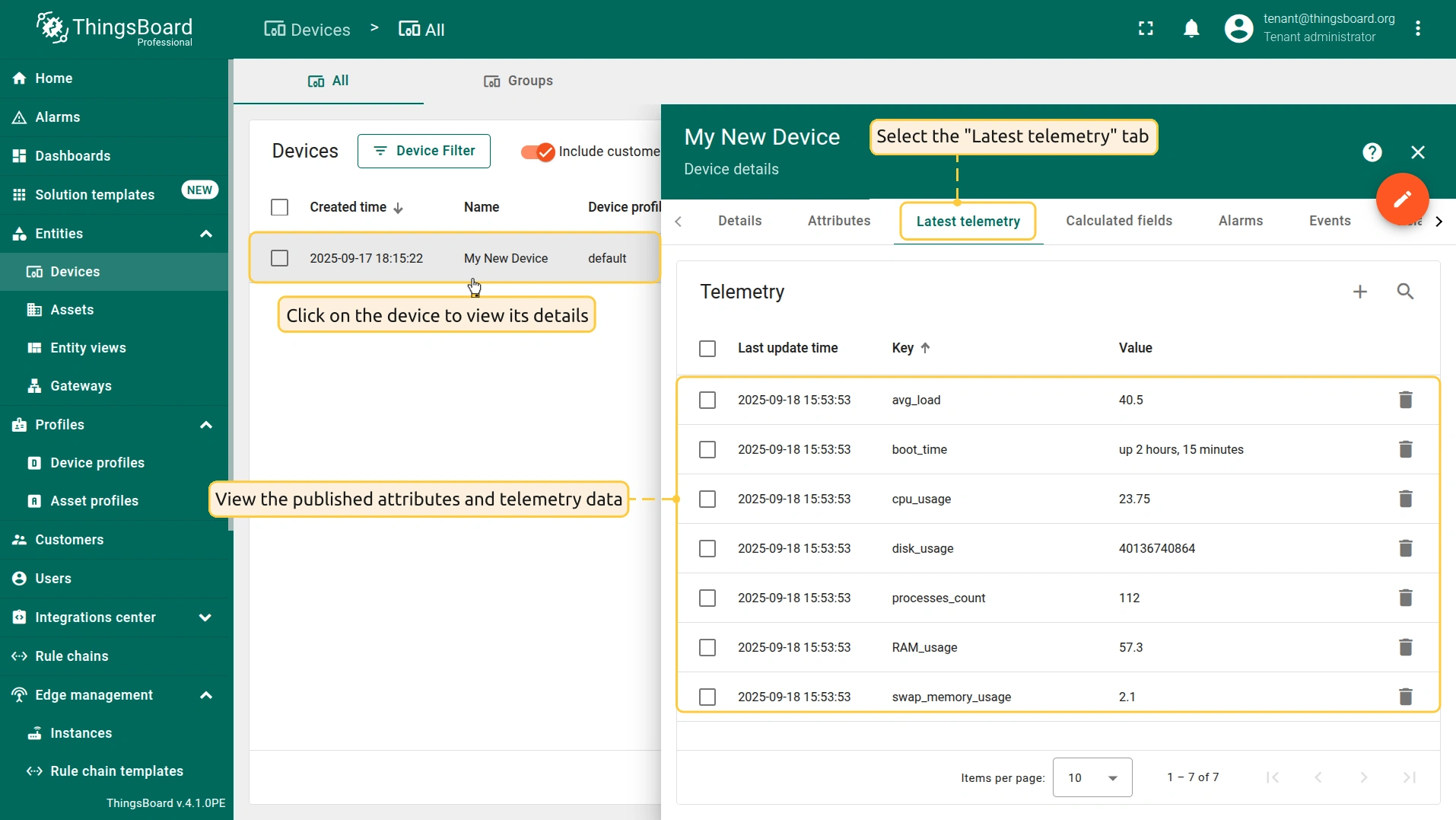 Click on the device to open the **Device details** page and select the **"Latest telemetry"** tab.