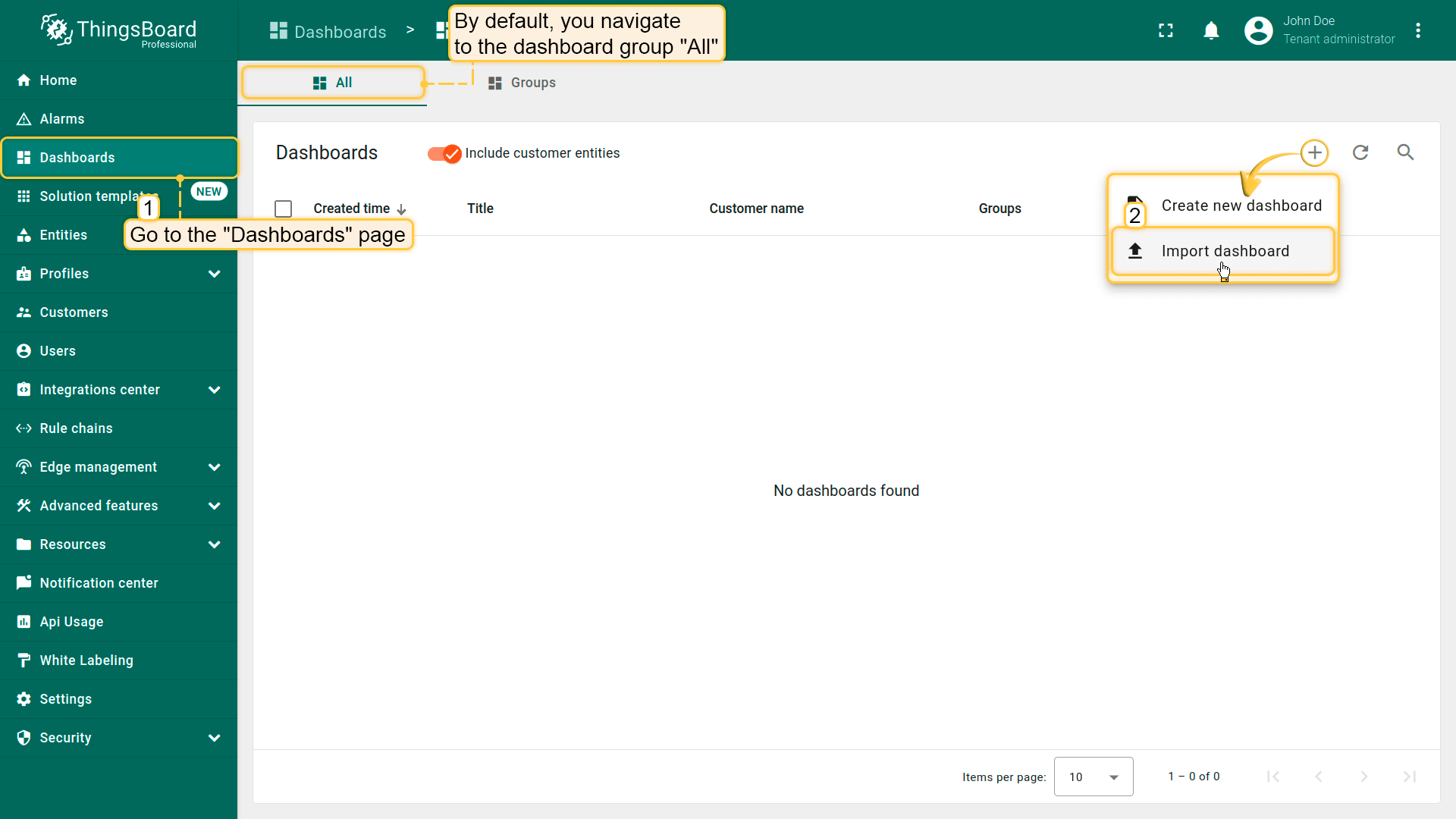 Navigate to the "**Dashboards**" page. By default, you navigate to the dashboard group "All". Click on the "**+**" icon in the top right corner. Select "**Import dashboard**".